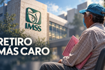 Adulto mayor con gorra azul y cubrebocas, sentado con una carpeta rosa frente a un edificio del IMSS; sobre la imagen se lee «Retiro más caro»