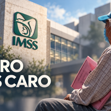 Adulto mayor con gorra azul y cubrebocas, sentado con una carpeta rosa frente a un edificio del IMSS; sobre la imagen se lee «Retiro más caro»