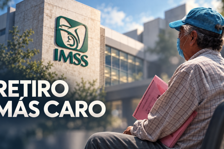 Adulto mayor con gorra azul y cubrebocas, sentado con una carpeta rosa frente a un edificio del IMSS; sobre la imagen se lee «Retiro más caro»