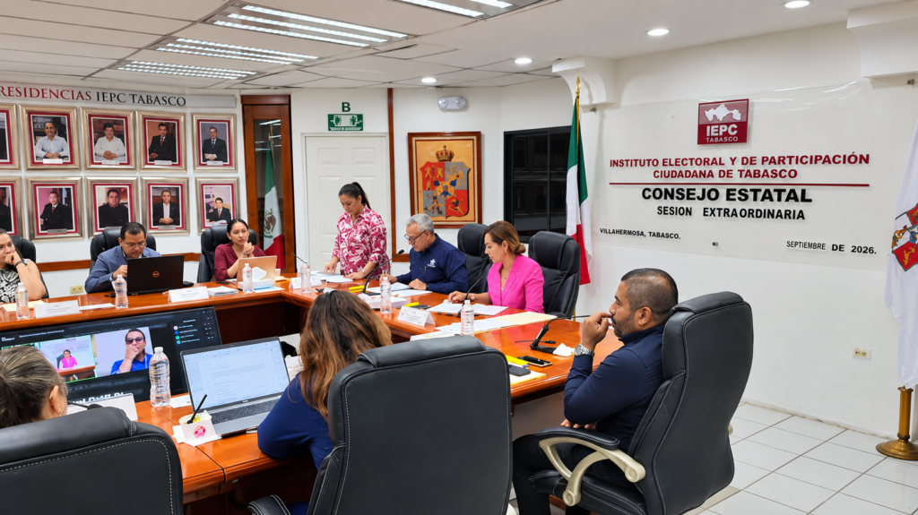 Consejerías y representaciones partidistas participan en una sesión del IEPCT. La imagen muestra la operación presencial y remota del Consejo Estatal durante sus deliberaciones.