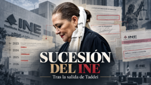 Guadalupe Taddei en composición editorial sobre la sucesión del INE, con documentos de contratos investigados y elementos de la institución electoral.