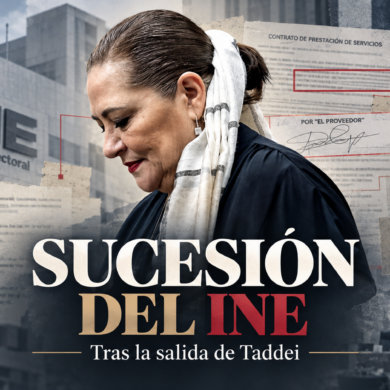 Guadalupe Taddei en composición editorial sobre la sucesión del INE, con documentos de contratos investigados y elementos de la institución electoral.