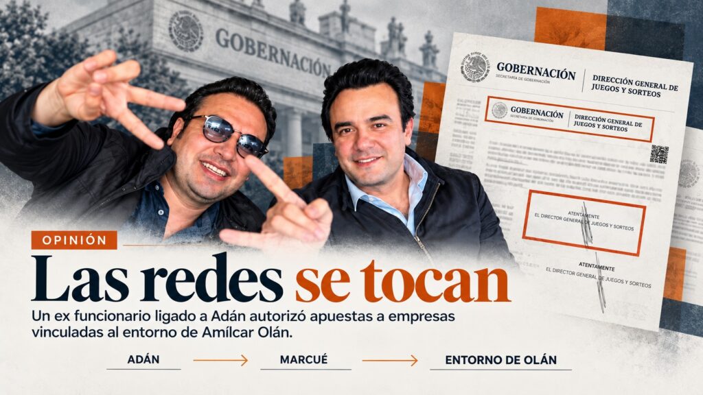 Fotoarte editorial sobre Adán Augusto López, Amílcar Olán y permisos de apuestas vinculados a Gobernación.