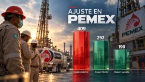 Visual sobre el ajuste laboral de Pemex con 409 plazas en la región Centro, 292 en el Norte y 190 en el Sureste, donde se ubica Tabasco.