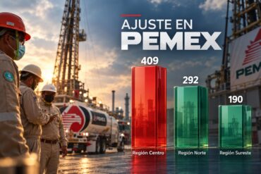 Visual sobre el ajuste laboral de Pemex con 409 plazas en la región Centro, 292 en el Norte y 190 en el Sureste, donde se ubica Tabasco.