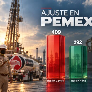 Visual sobre el ajuste laboral de Pemex con 409 plazas en la región Centro, 292 en el Norte y 190 en el Sureste, donde se ubica Tabasco.