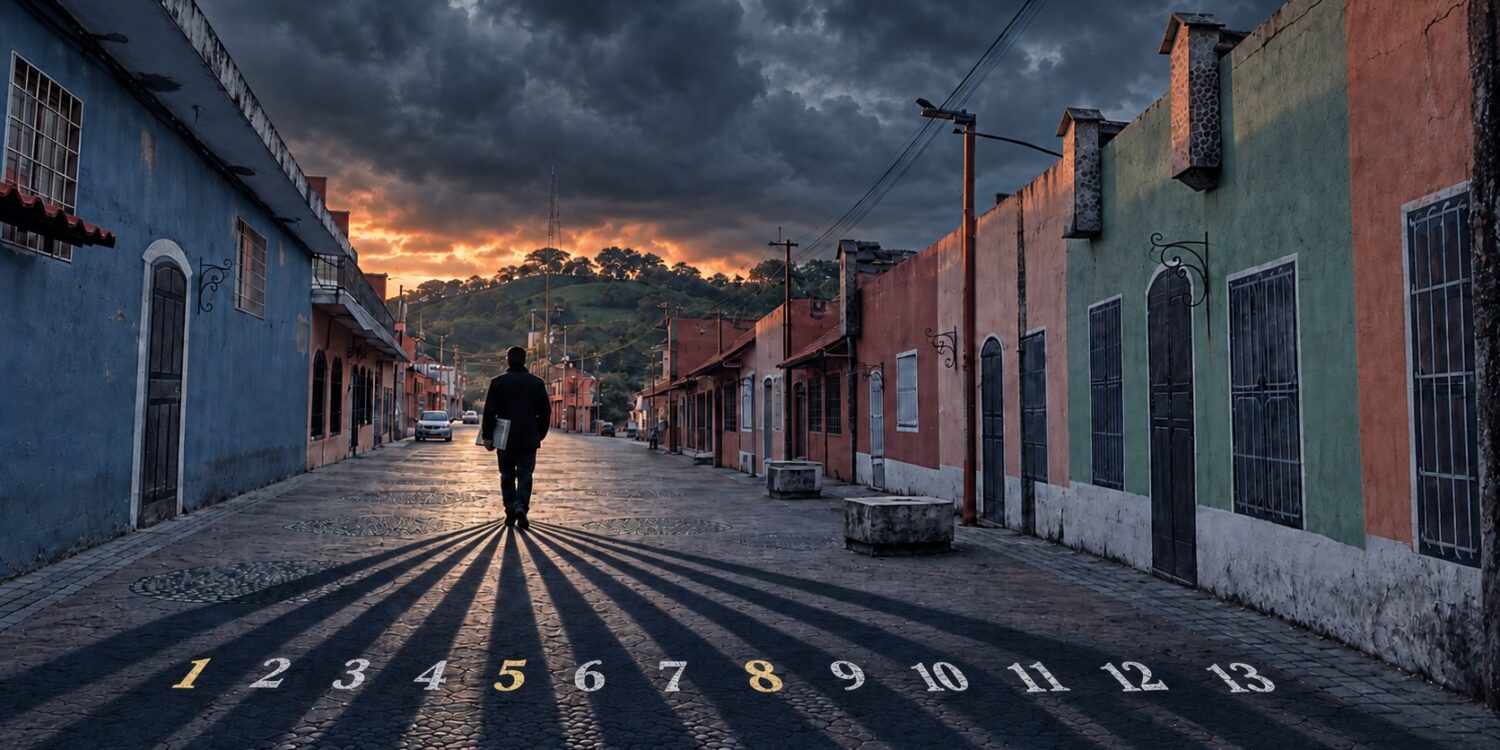 Silueta de un hombre caminando de espaldas por una calle de Teapa, Tabasco, al atardecer, con trece sombras numeradas del 1 al 13 proyectadas sobre el empedrado.