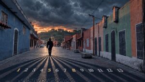 Silueta de un hombre caminando de espaldas por una calle de Teapa, Tabasco, al atardecer, con trece sombras numeradas del 1 al 13 proyectadas sobre el empedrado.
