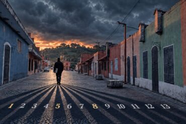 Silueta de un hombre caminando de espaldas por una calle de Teapa, Tabasco, al atardecer, con trece sombras numeradas del 1 al 13 proyectadas sobre el empedrado.