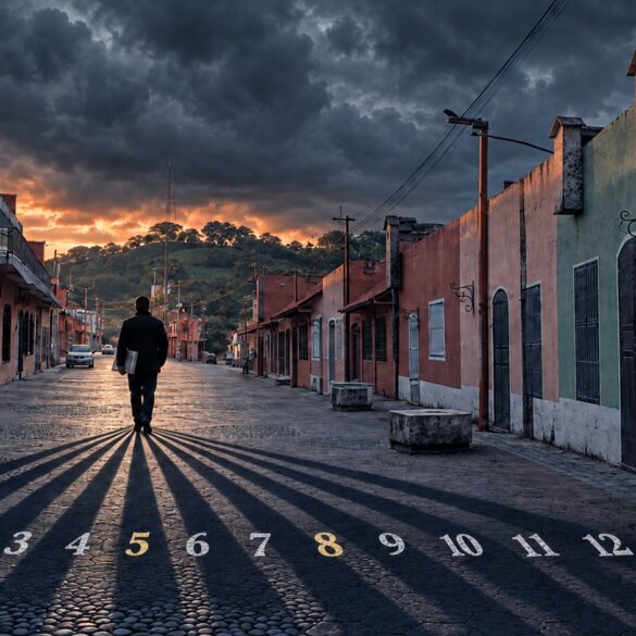 Silueta de un hombre caminando de espaldas por una calle de Teapa, Tabasco, al atardecer, con trece sombras numeradas del 1 al 13 proyectadas sobre el empedrado.