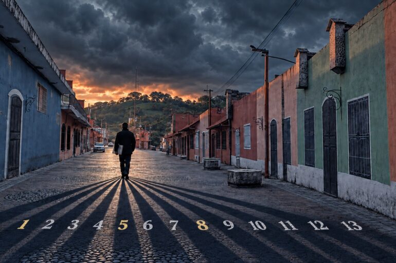 Silueta de un hombre caminando de espaldas por una calle de Teapa, Tabasco, al atardecer, con trece sombras numeradas del 1 al 13 proyectadas sobre el empedrado.