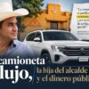 Composición editorial de José Armín Marín Saury, alcalde de Emiliano Zapata, junto a una Volkswagen Teramont blanca, la fachada del Ayuntamiento y un documento del OSFE con fragmentos resaltados sobre la compra del vehículo.