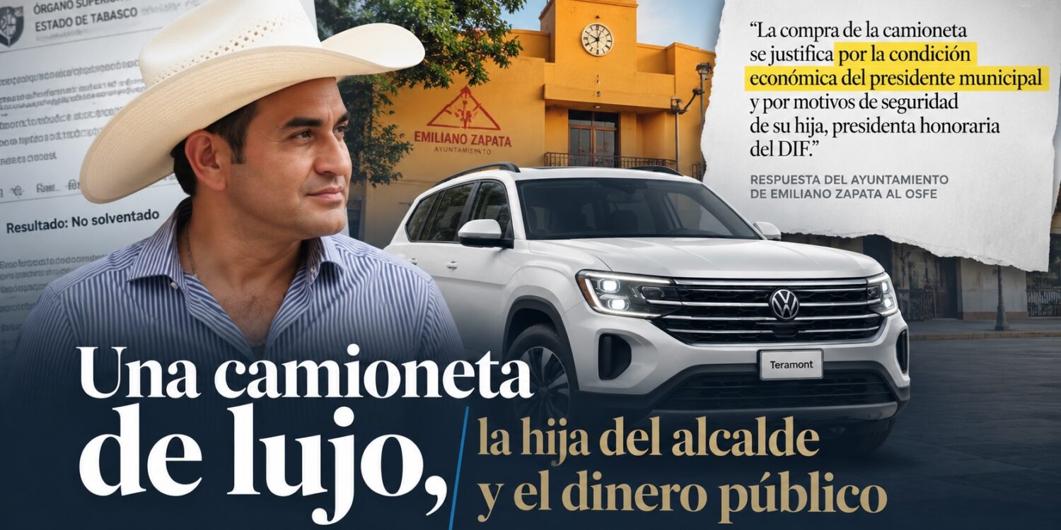 Composición editorial de José Armín Marín Saury, alcalde de Emiliano Zapata, junto a una Volkswagen Teramont blanca, la fachada del Ayuntamiento y un documento del OSFE con fragmentos resaltados sobre la compra del vehículo.