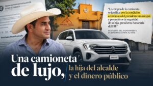 Composición editorial de José Armín Marín Saury, alcalde de Emiliano Zapata, junto a una Volkswagen Teramont blanca, la fachada del Ayuntamiento y un documento del OSFE con fragmentos resaltados sobre la compra del vehículo.