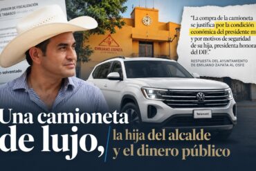 Composición editorial de José Armín Marín Saury, alcalde de Emiliano Zapata, junto a una Volkswagen Teramont blanca, la fachada del Ayuntamiento y un documento del OSFE con fragmentos resaltados sobre la compra del vehículo.