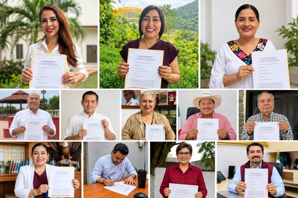 Mosaico de fotografías de mujeres y hombres que participan en el proceso de registro de Morena en Tabasco, con retratos individuales y solicitudes de inscripción.