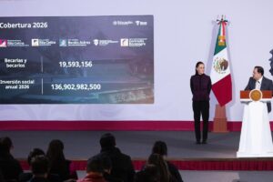 Claudia Sheinbaum durante el anuncio de fechas de registro y pagos de las Becas para el Bienestar en octubre de 2026.