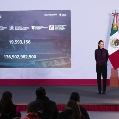 Claudia Sheinbaum durante el anuncio de fechas de registro y pagos de las Becas para el Bienestar en octubre de 2026.