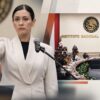 Fotoarte editorial de Blanca Cruz García durante su toma de protesta como presidenta provisional del INE, acompañado de una vista del Consejo General en sesión.