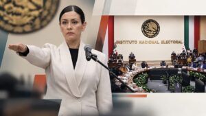 Fotoarte editorial de Blanca Cruz García durante su toma de protesta como presidenta provisional del INE, acompañado de una vista del Consejo General en sesión.