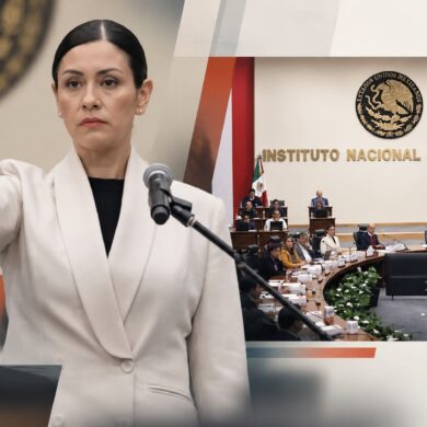 Fotoarte editorial de Blanca Cruz García durante su toma de protesta como presidenta provisional del INE, acompañado de una vista del Consejo General en sesión.