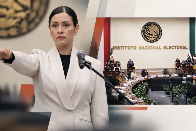 Fotoarte editorial de Blanca Cruz García durante su toma de protesta como presidenta provisional del INE, acompañado de una vista del Consejo General en sesión.