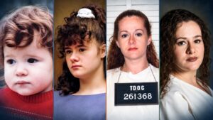 Cuatro retratos de Christa Pike, de niña a adulta, uno con la placa TDOC 261368 del Departamento de Correcciones de Tennessee