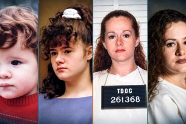 Cuatro retratos de Christa Pike, de niña a adulta, uno con la placa TDOC 261368 del Departamento de Correcciones de Tennessee