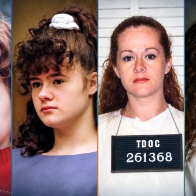 Cuatro retratos de Christa Pike, de niña a adulta, uno con la placa TDOC 261368 del Departamento de Correcciones de Tennessee