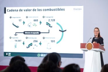 Claudia Sheinbaum explica la cadena de valor de los combustibles durante una conferencia sobre el sector energético en México.