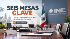 Sala de consejo electoral con logotipo del INE y visual sobre la integración de los consejos distritales de Tabasco rumbo a 2027.