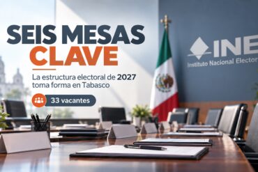 Sala de consejo electoral con logotipo del INE y visual sobre la integración de los consejos distritales de Tabasco rumbo a 2027.