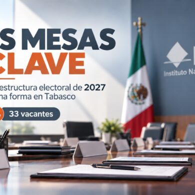 Sala de consejo electoral con logotipo del INE y visual sobre la integración de los consejos distritales de Tabasco rumbo a 2027.