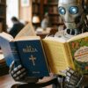 Robot en una biblioteca sostiene la Biblia y Cien años de soledad, en alusión a los detectores de IA que confunden textos humanos con artificiales
