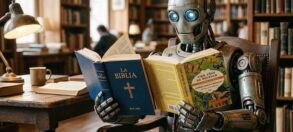 Robot en una biblioteca sostiene la Biblia y Cien años de soledad, en alusión a los detectores de IA que confunden textos humanos con artificiales