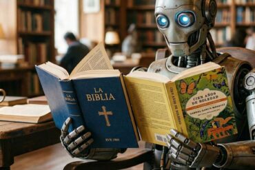 Robot en una biblioteca sostiene la Biblia y Cien años de soledad, en alusión a los detectores de IA que confunden textos humanos con artificiales