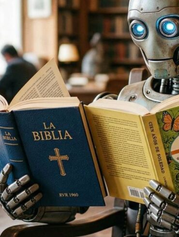 Robot en una biblioteca sostiene la Biblia y Cien años de soledad, en alusión a los detectores de IA que confunden textos humanos con artificiales