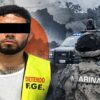 Detenido con rostro oculto y chaleco «F.G.E.» junto a un marino y patrullas, en la captura de “El Cabra” en Villahermosa