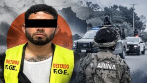Detenido con rostro oculto y chaleco «F.G.E.» junto a un marino y patrullas, en la captura de “El Cabra” en Villahermosa