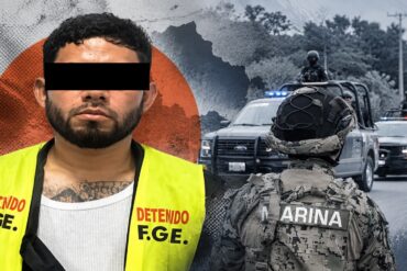 Detenido con rostro oculto y chaleco «F.G.E.» junto a un marino y patrullas, en la captura de “El Cabra” en Villahermosa