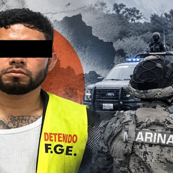 Detenido con rostro oculto y chaleco «F.G.E.» junto a un marino y patrullas, en la captura de “El Cabra” en Villahermosa