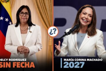 Delcy Rodríguez y María Corina Machado, ambas vestidas de blanco, en díptico sobre las elecciones en Venezuela