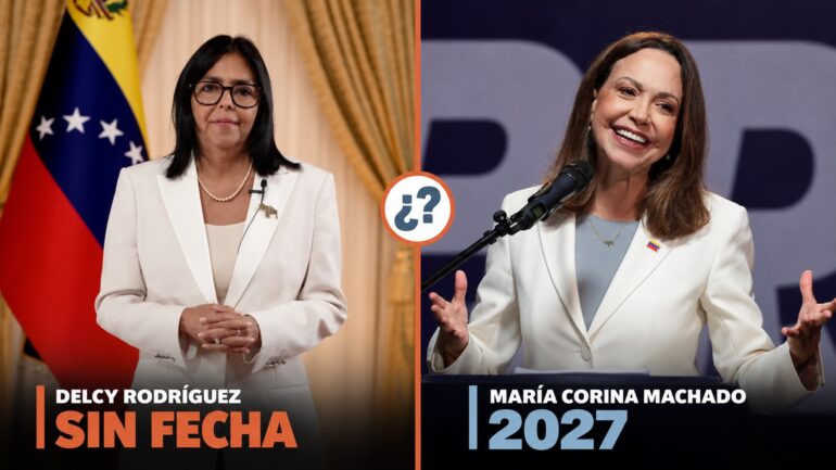 Delcy Rodríguez y María Corina Machado, ambas vestidas de blanco, en díptico sobre las elecciones en Venezuela