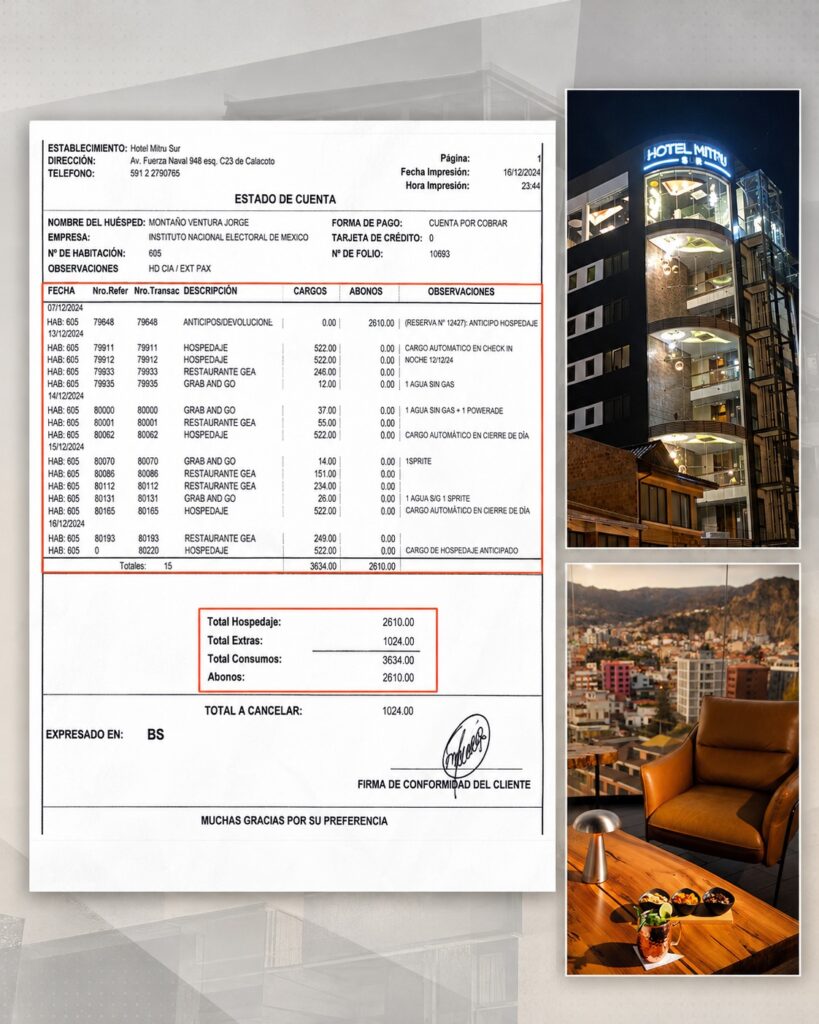 Estado de cuenta del Hotel Mitru Sur, en La Paz, Bolivia, incorporado como prueba documental de un viaje oficial atribuido al consejero del INE Jorge Montaño Ventura.