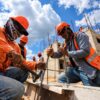 Dos obreros con casco naranja y chaleco reflectante trabajan con martillo y varilla en una obra de construcción en Tabasco