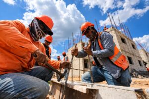 Dos obreros con casco naranja y chaleco reflectante trabajan con martillo y varilla en una obra de construcción en Tabasco
