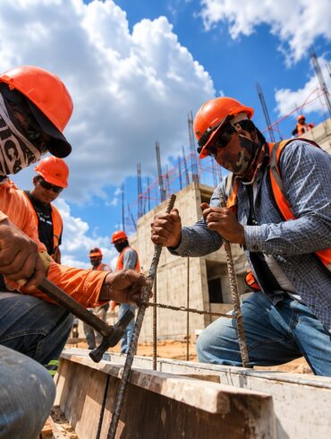 Dos obreros con casco naranja y chaleco reflectante trabajan con martillo y varilla en una obra de construcción en Tabasco