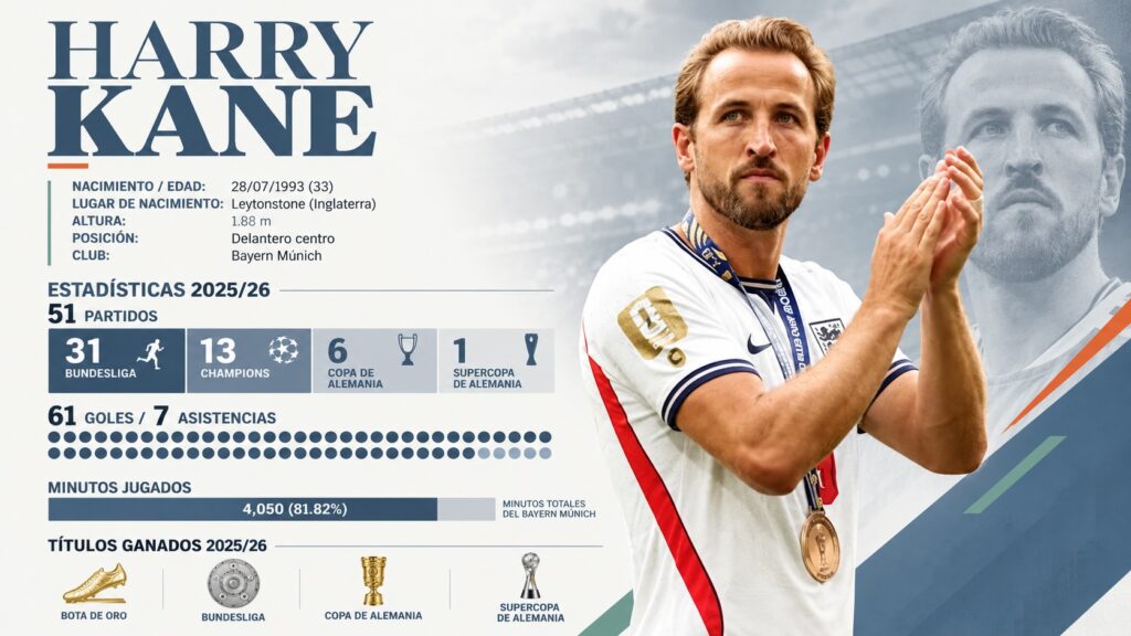 Infografía de Harry Kane con sus estadísticas de la temporada 2025-2026: 51 partidos, 61 goles, siete asistencias y cuatro títulos con el Bayern Múnich.