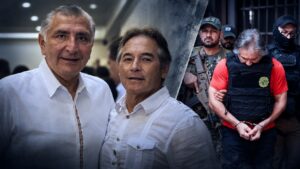 Hernán Bermúdez Requena, exsecretario de Seguridad de Tabasco, esposado y escoltado por agentes de seguridad tras su detención en Paraguay.