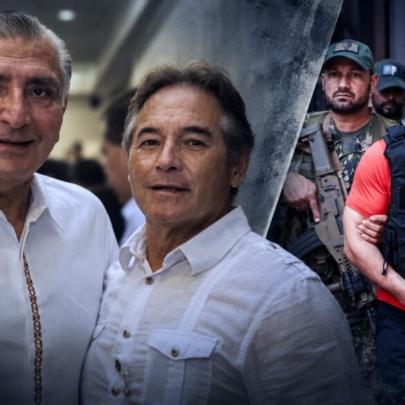 Hernán Bermúdez Requena, exsecretario de Seguridad de Tabasco, esposado y escoltado por agentes de seguridad tras su detención en Paraguay.